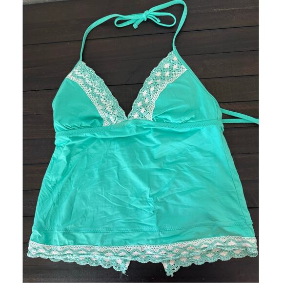 BECCA Turquoise Halter Tie Crochet Lace Tankini Swimsuit Top Size Small - Picture 1 of 3